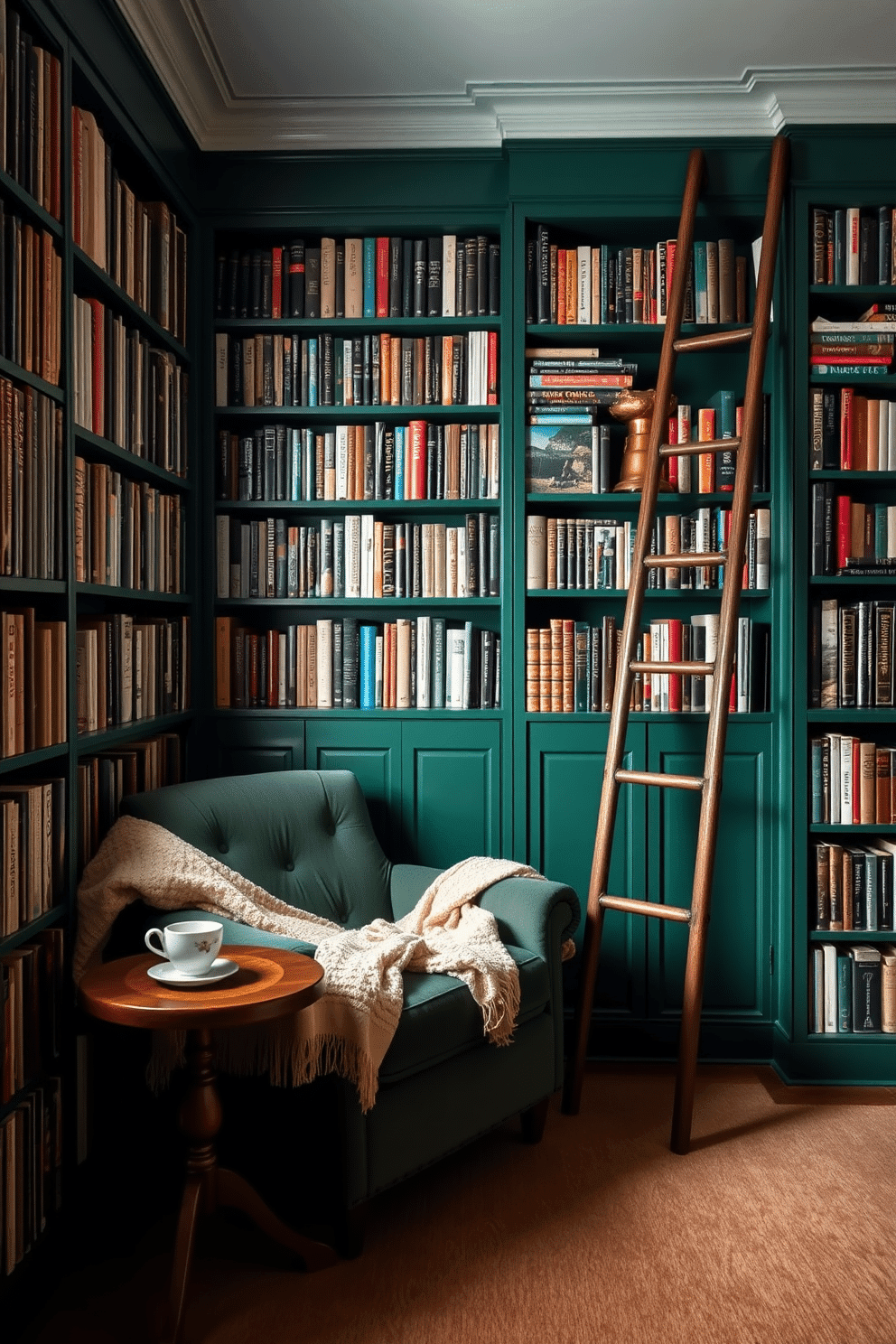 Cozy nook with emerald green walls. A plush armchair sits in the corner, draped with a soft throw blanket, next to a small wooden side table holding a steaming cup of tea. Dark green home library design ideas. Floor-to-ceiling bookshelves line the walls, filled with an eclectic mix of books, while a vintage ladder leans against one shelf for access to higher volumes.