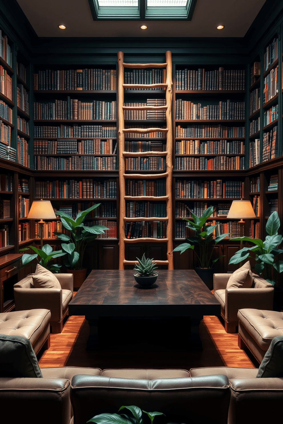 A rustic wooden ladder leans against a wall filled with shelves stacked high with books, creating a charming focal point in the space. The ladder's natural finish complements the deep green hues of the library, enhancing the cozy and inviting atmosphere. The room features rich wooden accents, with a large, dark wooden table at the center surrounded by plush seating. Soft, ambient lighting casts a warm glow, highlighting the lush greenery of potted plants strategically placed throughout the library.