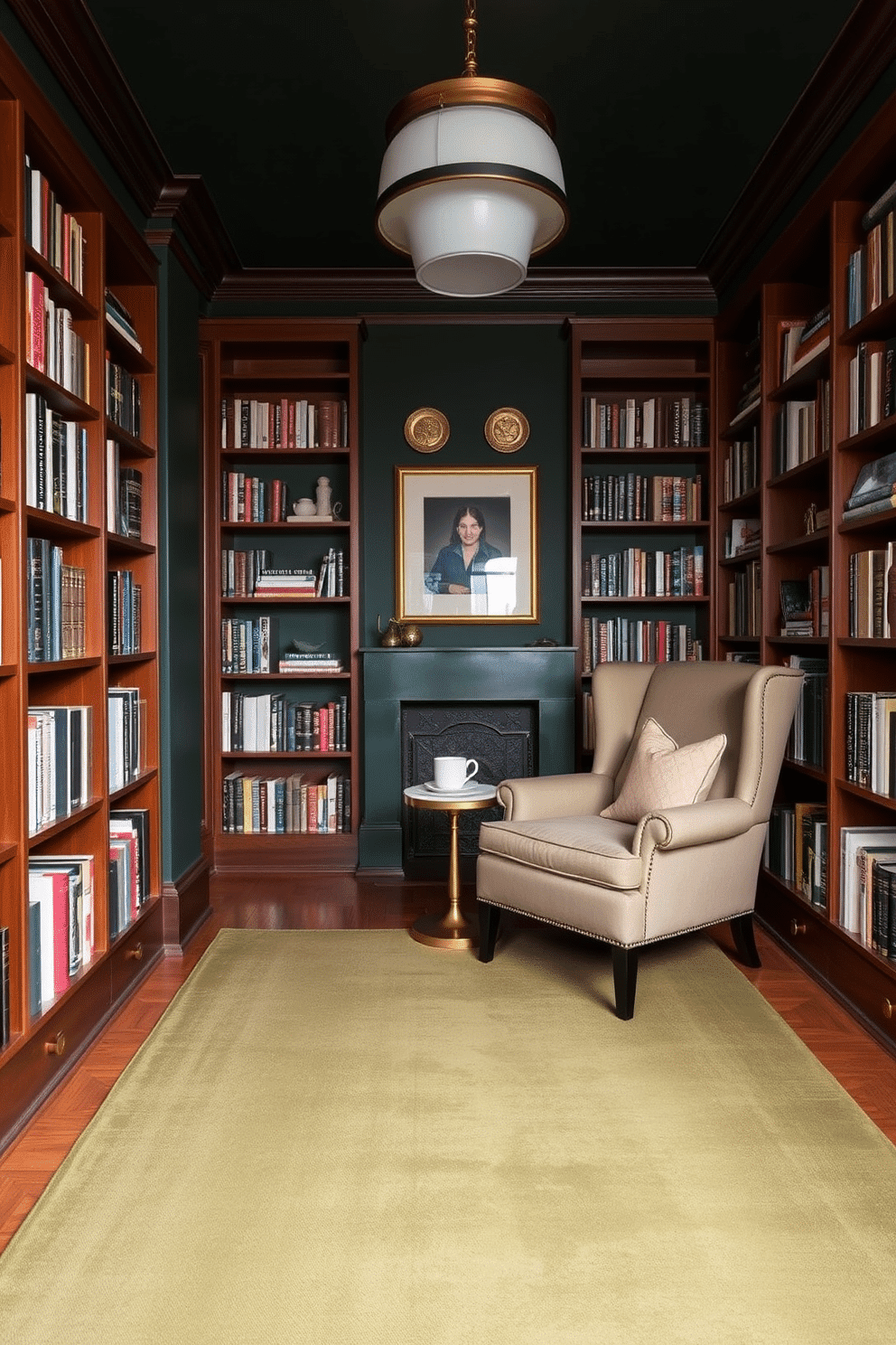 A cozy home library featuring dark green walls that create an inviting atmosphere. The room is anchored by a soft area rug in muted green tones, providing a comfortable space for reading. Rich wooden bookshelves line the walls, filled with an array of books and decorative items. A plush armchair in a complementary fabric sits beside a small side table, perfect for a cup of tea or coffee.