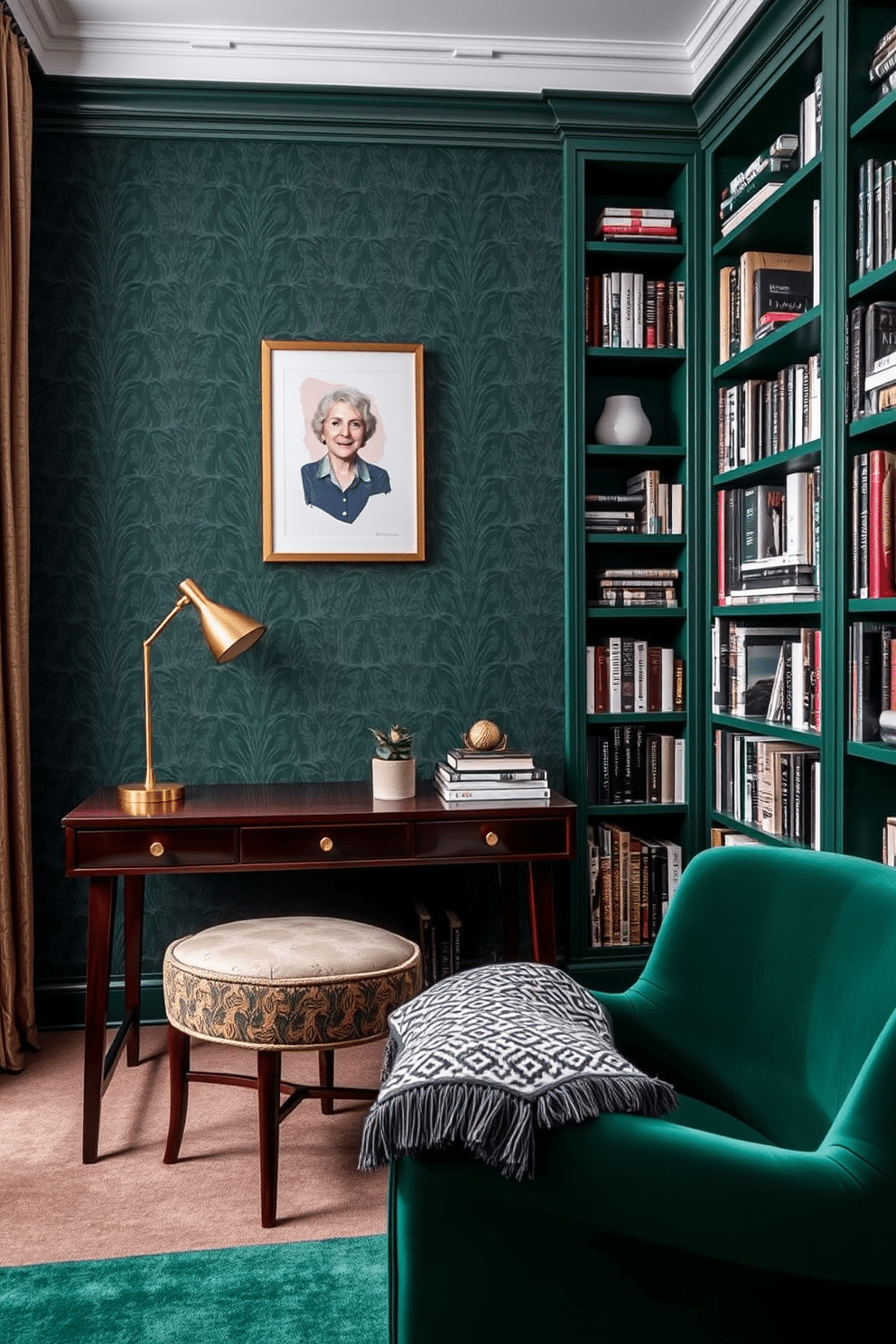 A chic desk made of dark wood is positioned against a wall adorned with deep green wallpaper. The desk is accessorized with a sleek gold lamp and a small potted plant, adding a touch of freshness to the workspace. The home library features floor-to-ceiling bookshelves painted in a rich emerald hue, filled with an array of books and decorative objects. A plush, emerald green armchair sits invitingly in the corner, complemented by a soft, patterned throw blanket draped over its arm.