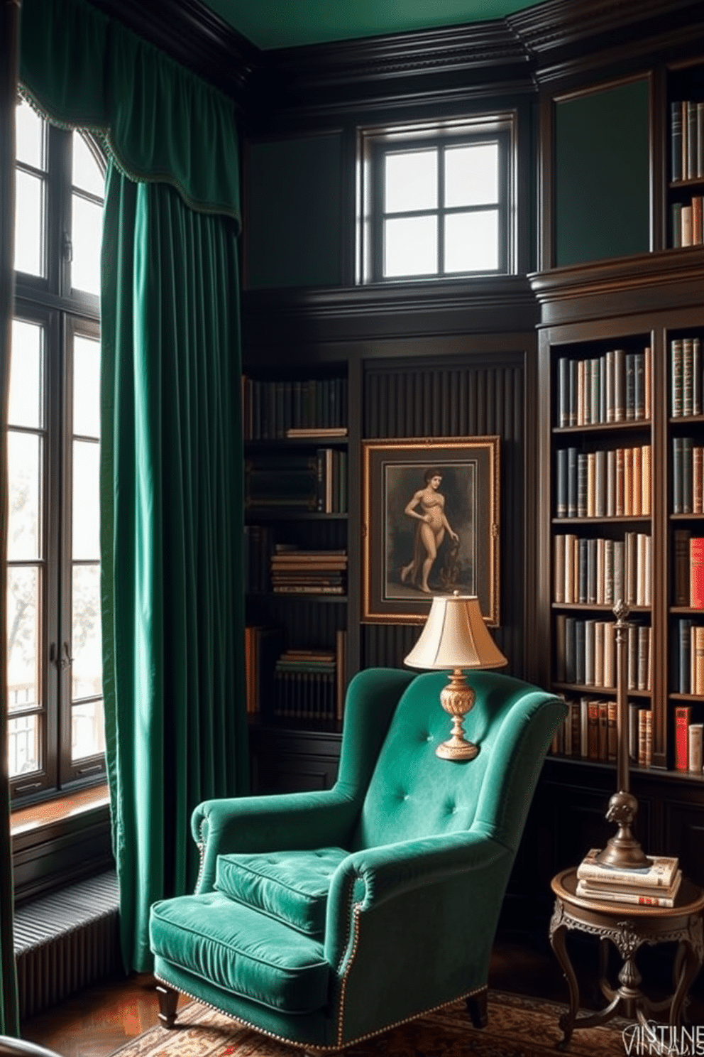 A luxurious home library featuring deep green velvet curtains that frame large windows, allowing natural light to filter softly into the space. The walls are lined with dark wood bookshelves filled with an array of books, creating an inviting atmosphere for reading and relaxation. A plush, emerald green armchair sits in the corner, complemented by a small, ornate side table adorned with a vintage lamp. The rich, dark green color scheme is enhanced by warm lighting and carefully selected artwork that adds a touch of sophistication to the library.