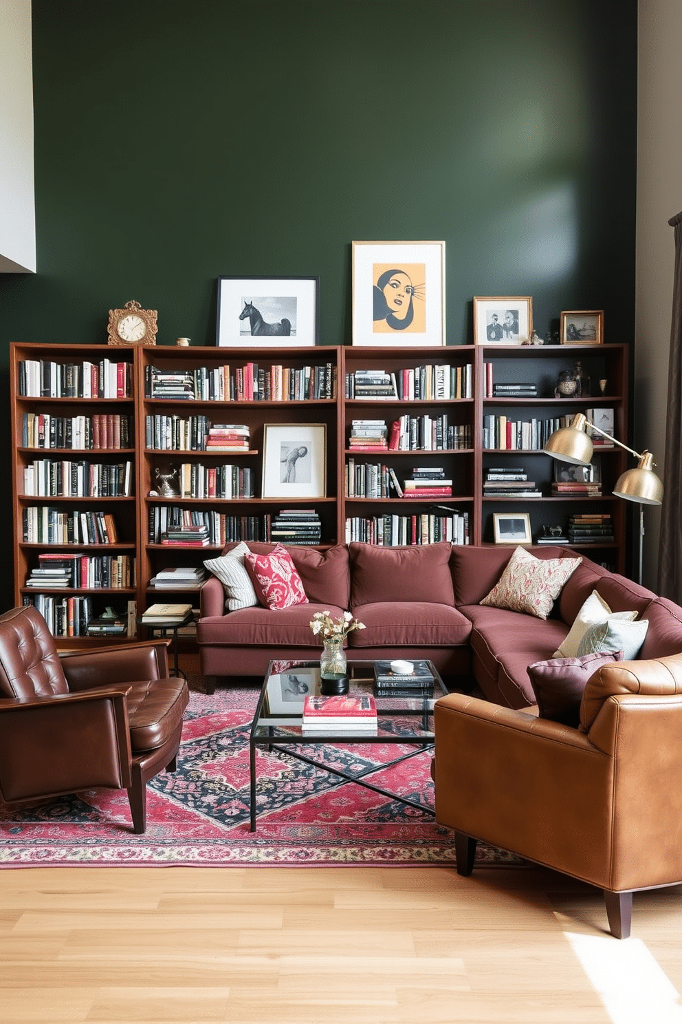 A cozy home library featuring a mix of modern and vintage furniture. A sleek, dark green accent wall serves as the backdrop for a vintage wooden bookshelf filled with classic novels and contemporary art pieces. In the center, a plush, modern sectional sofa invites relaxation, complemented by a vintage leather armchair. A stylish coffee table with a glass top rests on a richly patterned area rug, while warm lighting from a modern floor lamp creates an inviting atmosphere.