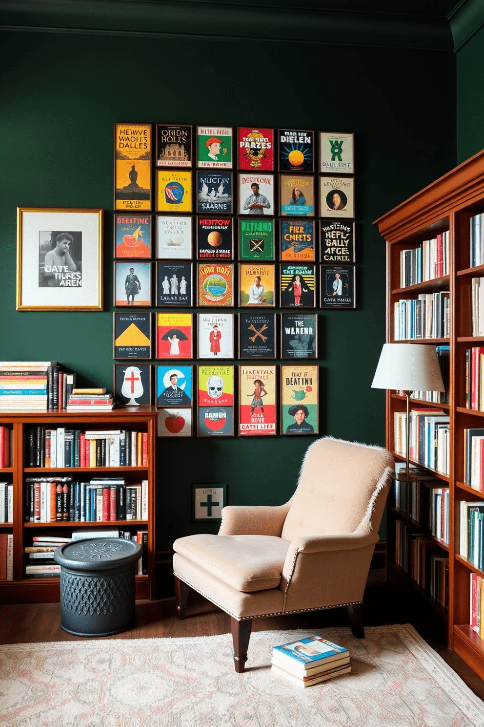 A gallery wall adorned with an eclectic mix of framed book covers creates a vibrant focal point in the room. The covers feature a variety of colors and styles, arranged in a visually appealing grid that showcases the owner's literary tastes. The home library is designed with deep green walls that evoke a sense of tranquility and focus. Rich wooden bookshelves line the walls, filled with books of all sizes, while a cozy reading nook with a plush armchair invites relaxation and contemplation.