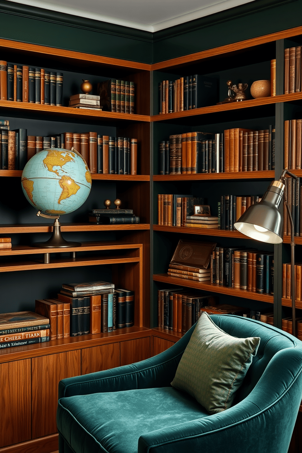 A stylish globe sits elegantly on a sleek wooden shelf, surrounded by an array of leather-bound books and modern decor. The rich, dark green walls create a cozy atmosphere, enhancing the warmth of the natural wood accents throughout the space. The library features a plush reading nook with a deep green velvet armchair, inviting you to unwind with a good book. Soft, ambient lighting from a vintage floor lamp casts a gentle glow, highlighting the globe and the curated collection of literature.