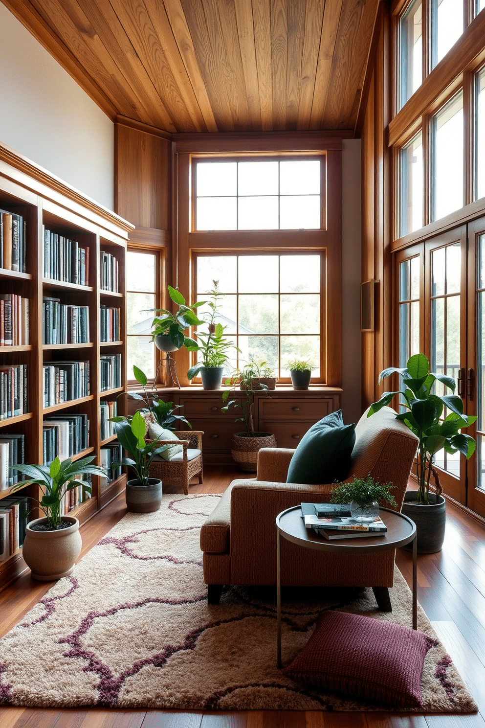 A cozy home library featuring rich natural wood tones that harmonize beautifully with deep green accents. The shelves are filled with books, and a comfortable reading chair upholstered in a soft fabric invites relaxation. Large windows allow natural light to flood the space, highlighting the intricate grain of the wooden furniture. A plush area rug in earthy tones anchors the room, while potted plants add a touch of freshness to the design.