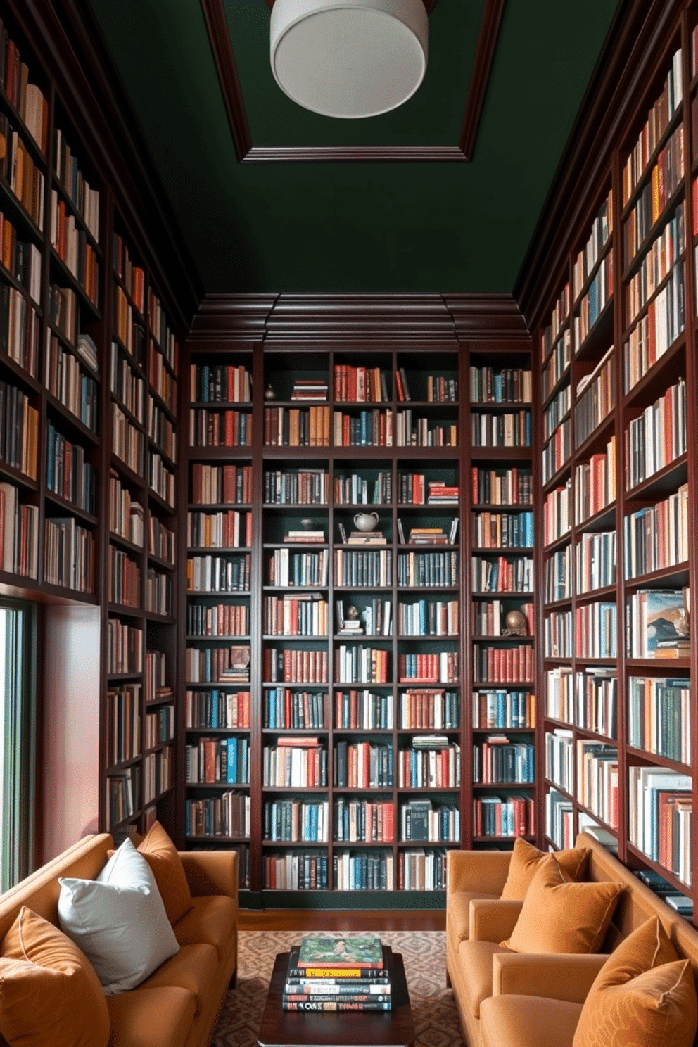 A cozy home library featuring tall bookshelves with dark wood accents that reach up to the ceiling, filled with an extensive collection of books. The walls are painted in a deep, rich green, creating a warm and inviting atmosphere, complemented by plush seating areas adorned with soft cushions.