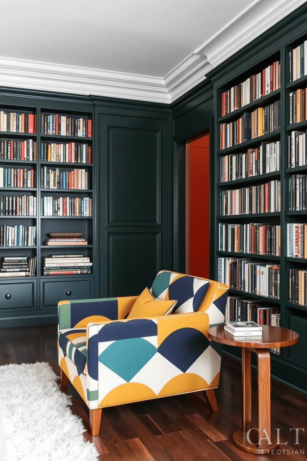 A stylish accent chair features bold geometric patterns in shades of navy and mustard, adding a vibrant focal point to the room. The chair is positioned next to a sleek wooden side table, perfect for holding a cup of coffee or a stack of books. The home library is designed with deep dark green walls that create a cozy and inviting atmosphere. Floor-to-ceiling bookshelves lined with an array of books contrast beautifully against the rich color, while a plush area rug adds warmth underfoot.