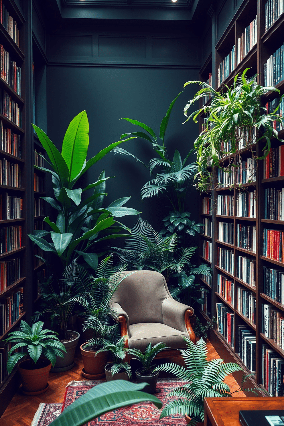 A serene indoor library filled with lush greenery. Tall indoor plants are strategically placed in the corners, adding a vibrant touch to the dark green walls lined with bookshelves. A cozy reading nook features a plush armchair surrounded by potted ferns and snake plants. Soft, ambient lighting highlights the rich wood tones of the furniture and the deep green hues of the decor.