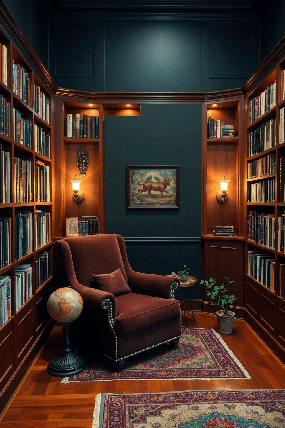 A cozy home library with dark green walls, featuring built-in wooden bookshelves filled with an array of books. Soft, adjustable mood lighting illuminates the space, with stylish sconces on either side of a plush reading nook. A large, comfortable armchair upholstered in rich fabric sits in the corner, accompanied by a small side table for drinks. A vintage rug adds warmth to the hardwood floor, while a decorative globe and a few potted plants enhance the inviting atmosphere.