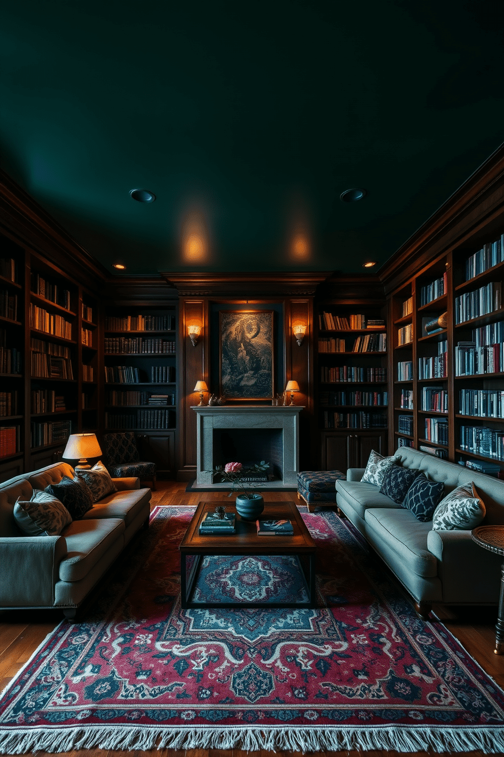 A cozy home library featuring a dark green ceiling that adds a dramatic effect to the space. The walls are lined with rich wooden bookshelves filled with an extensive collection of books, complemented by plush seating areas for reading. Soft, ambient lighting illuminates the room, creating a warm and inviting atmosphere. A large, vintage rug anchors the seating area, while a stylish coffee table sits in the center, adorned with decorative books and a small potted plant.