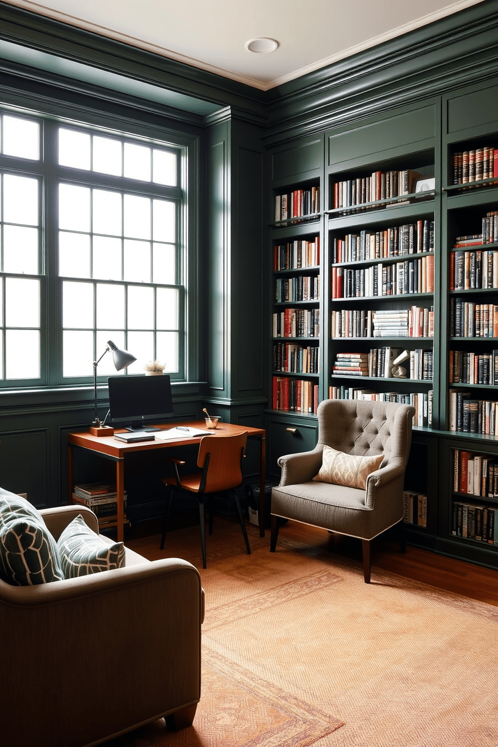 A functional workspace seamlessly integrated into the design features a sleek wooden desk positioned against a large window, allowing natural light to flood the area. The desk is accompanied by an ergonomic chair, and shelves filled with books and decorative items line the walls, creating an inspiring environment. The dark green home library showcases rich, deep green walls adorned with elegant crown molding and built-in bookshelves that reach the ceiling. A plush, oversized armchair sits in the corner, paired with a small side table, while a warm area rug anchors the space, inviting cozy reading sessions.