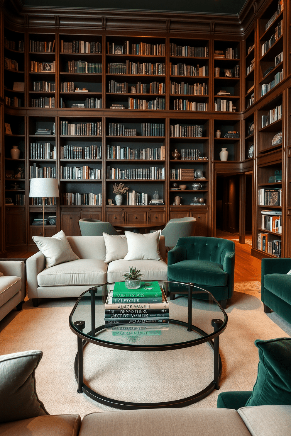 A sleek coffee table made of glass and metal sits in the center of a modern living room, surrounded by plush seating in neutral tones. The table features green decorative elements, including a small potted plant and a stack of coffee table books with vibrant green covers. The dark green home library is designed with rich wooden bookshelves that reach the ceiling, filled with an array of books and decorative items. Cozy seating in deep green velvet invites readers to relax, while warm lighting highlights the elegant design and creates an inviting atmosphere.