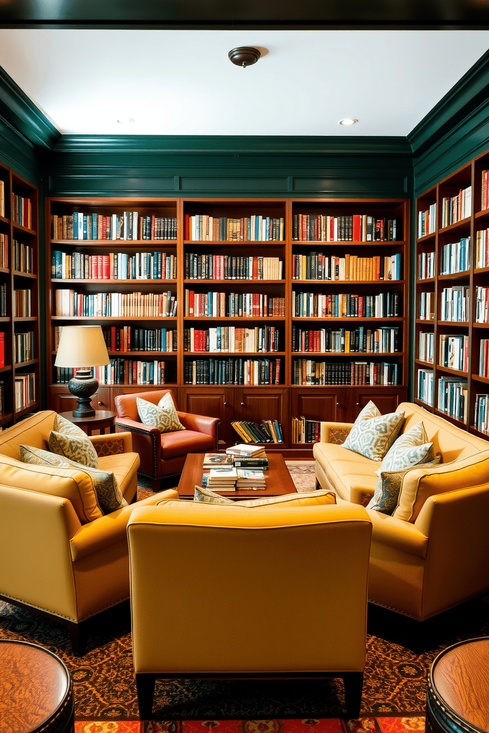 A cozy home library features comfortable seating arranged in a semicircle, inviting multiple readers to enjoy their books. Rich dark green walls create an intimate atmosphere, complemented by warm wood bookshelves filled with an array of literature.