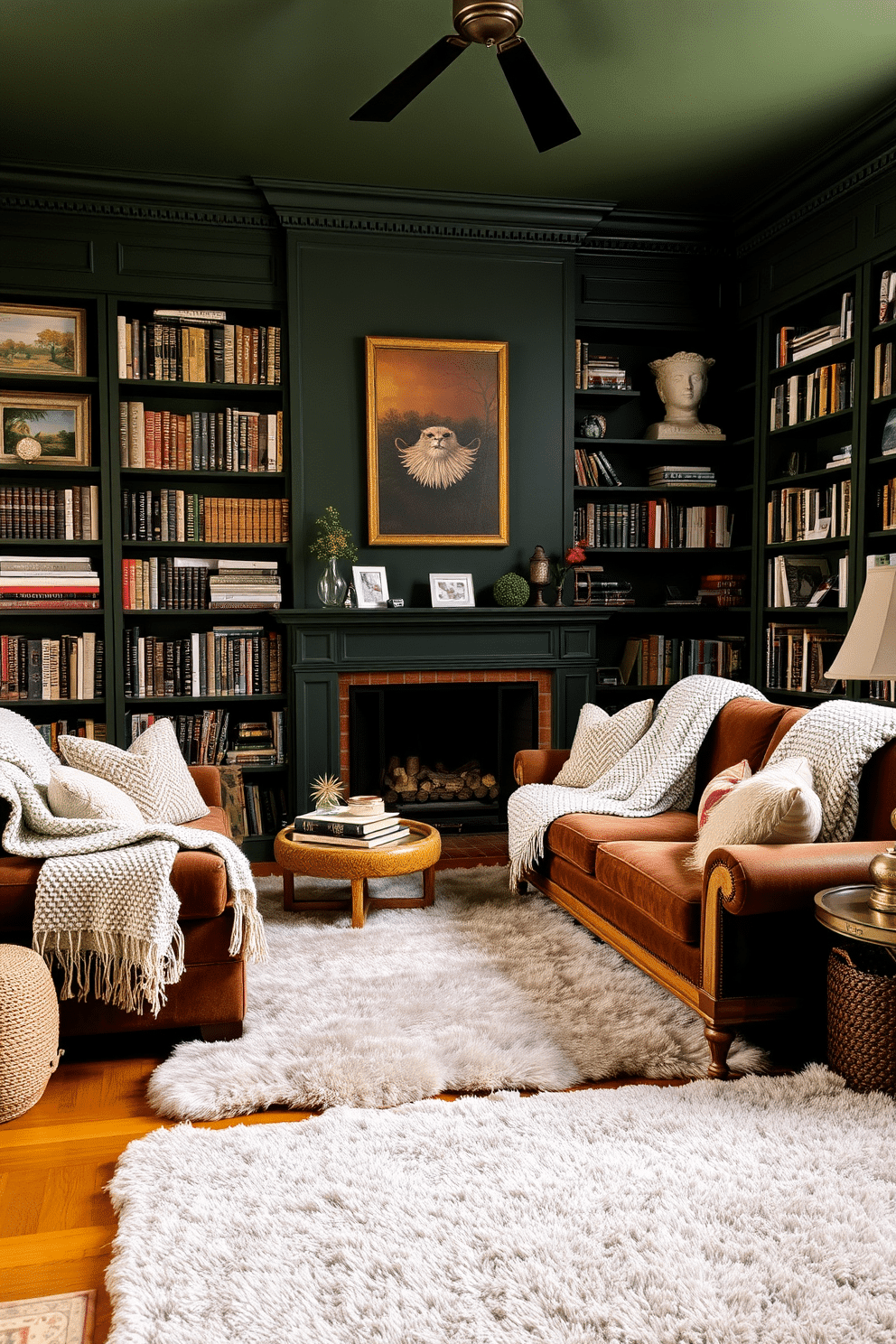 A cozy home library with dark green walls creates a rich and inviting atmosphere. Plush seating is adorned with textured throw blankets in various shades of cream and gray, adding warmth and comfort to the space. Bookshelves line the walls, filled with an eclectic mix of books and decorative items. A large, soft area rug anchors the seating area, while warm lighting highlights the textures and colors throughout the room.