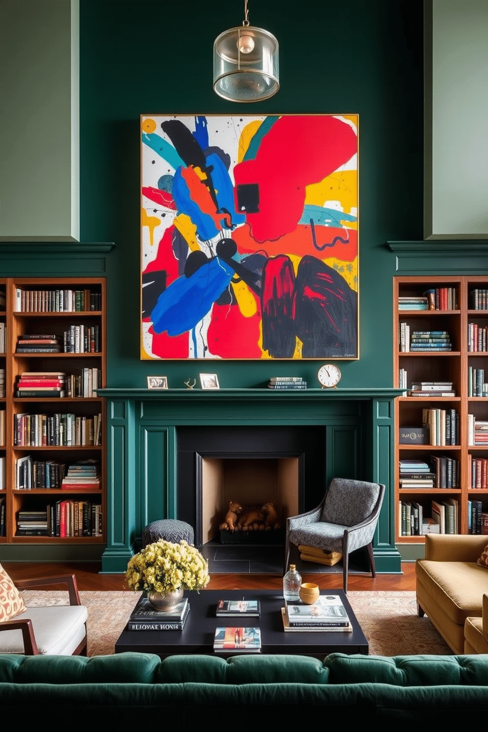 Stunning artwork in vibrant colors. A large abstract painting dominates the wall, featuring bold reds, blues, and yellows that create a striking focal point in the room. Dark Green Home Library Design Ideas. The library features deep green walls adorned with built-in wooden bookshelves, showcasing a curated collection of books and decorative items.