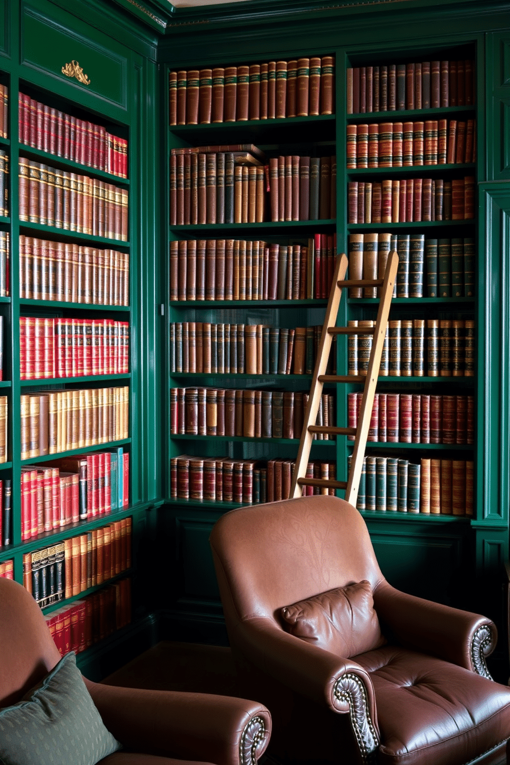 A dark green home library featuring classic leather-bound books elegantly arranged on wooden shelves. The room is adorned with plush armchairs upholstered in rich fabrics, and a vintage wooden ladder leans against the shelves for easy access to the upper volumes.