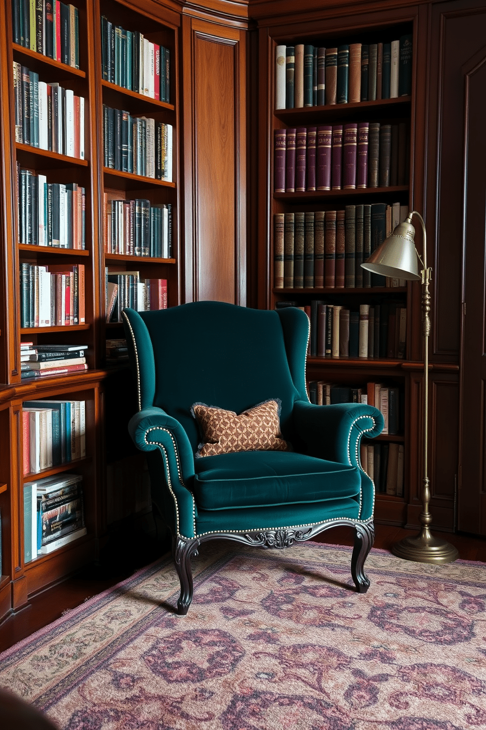 A vintage armchair in deep forest green is positioned in a cozy corner of a home library, exuding elegance and comfort. Surrounding the chair are tall bookshelves filled with an array of books, while a plush, patterned rug anchors the space beneath. The walls are adorned with rich wood paneling, creating a warm and inviting atmosphere. Soft, ambient lighting from a nearby floor lamp casts a gentle glow, highlighting the intricate details of the armchair and the curated collection of literary works.