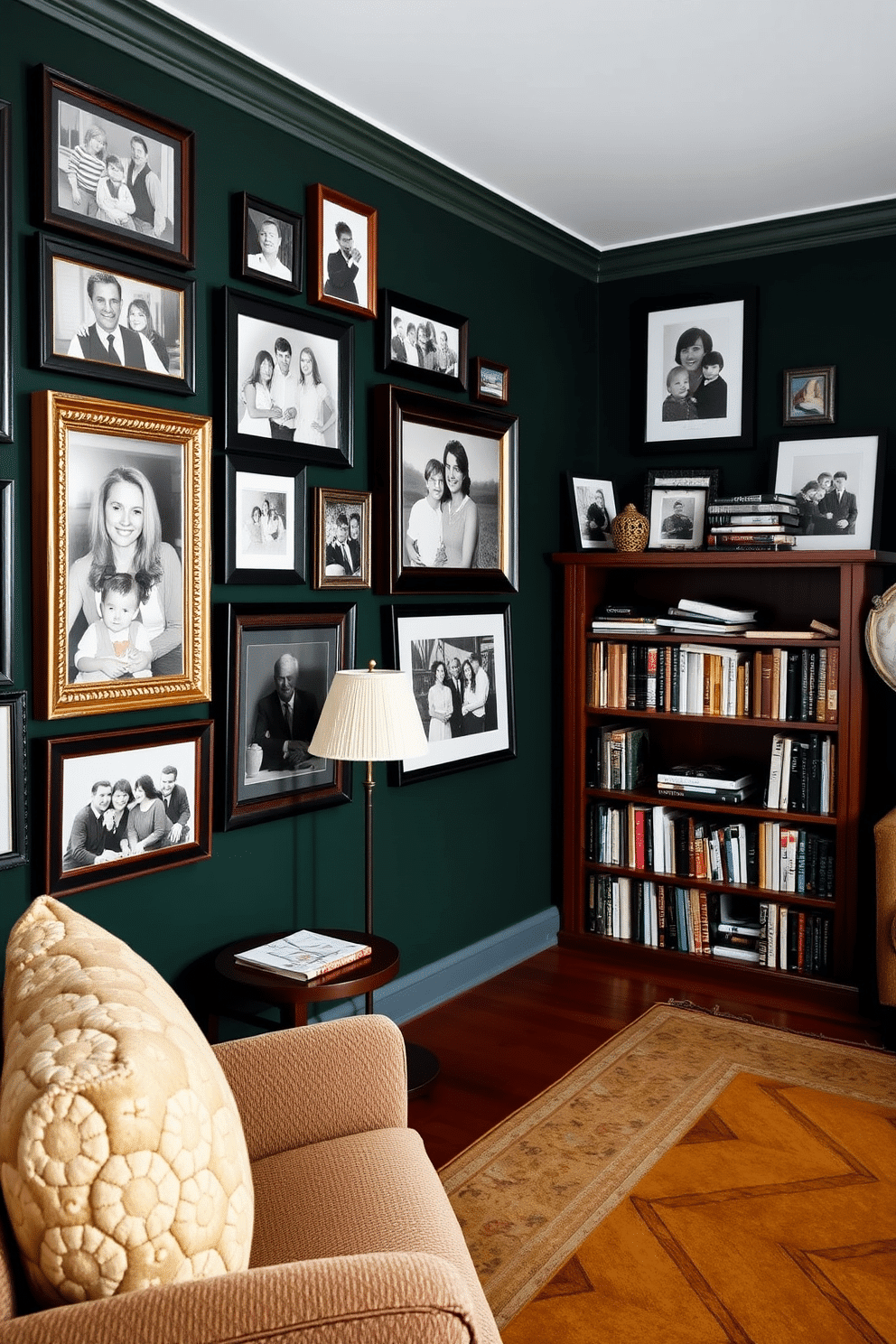 A cozy home library featuring dark green walls adorned with an eclectic mix of family photos in stylish frames. The room includes a plush armchair, a wooden bookshelf filled with books, and a warm, inviting rug that complements the rich color scheme.