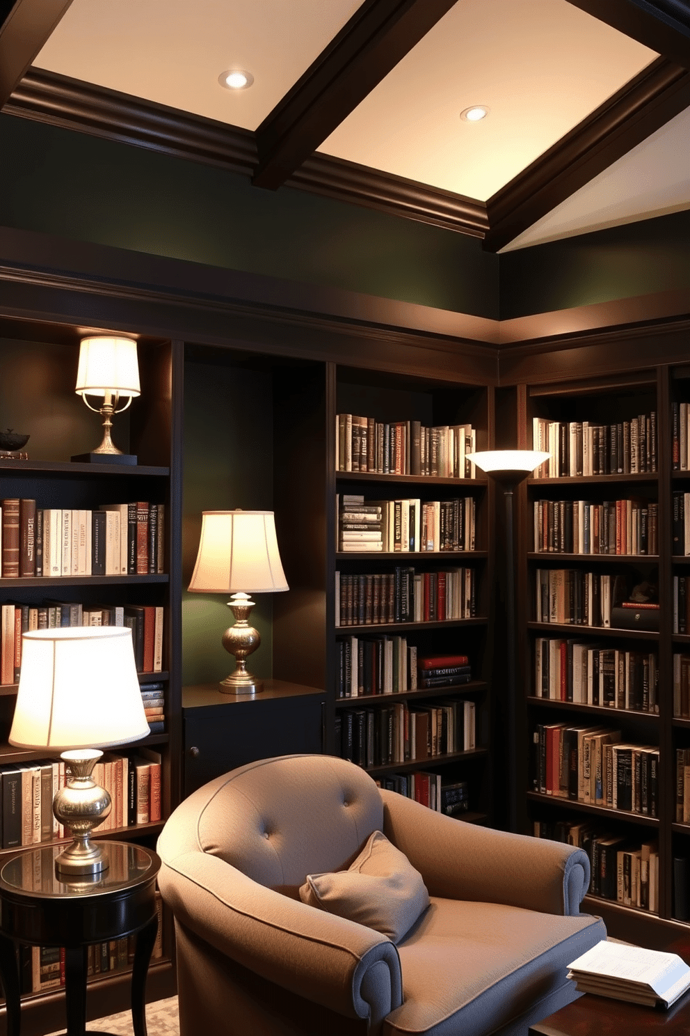 A cozy home library featuring layered lighting to create a warm ambiance. Soft, recessed lights illuminate the room, complemented by elegant table lamps on dark wooden shelves filled with books. The walls are painted in a rich dark green, providing a calming backdrop for the space. A plush, oversized armchair sits in one corner, inviting readers to curl up with a good book under the gentle glow of a nearby floor lamp.