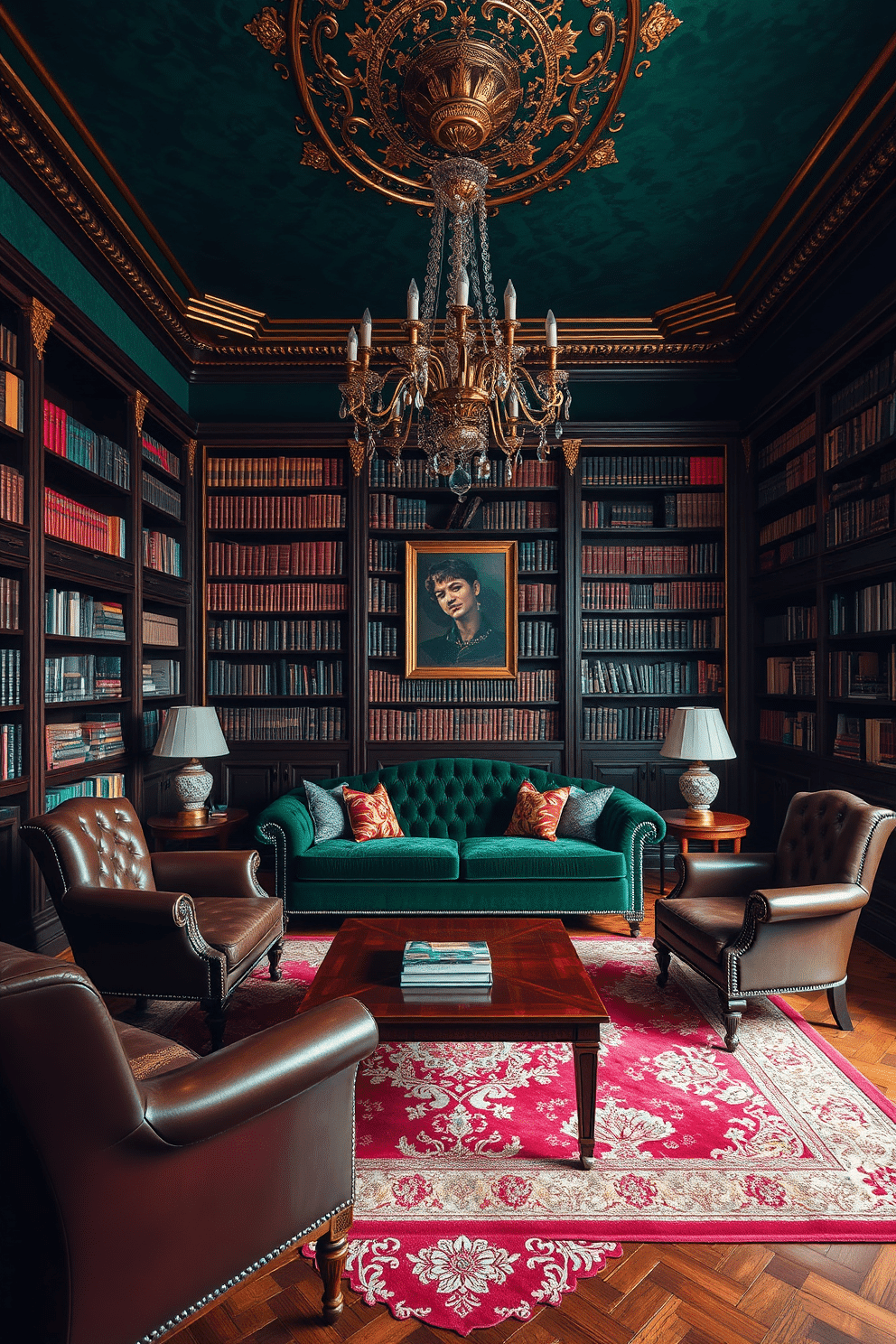 A luxurious home library featuring rich green wallpaper adorned with elegant gold trim. The room is filled with dark wood bookshelves that stretch from floor to ceiling, showcasing an extensive collection of books. In the center, a plush, deep green velvet sofa invites relaxation, complemented by a vintage leather armchair. A large, ornate chandelier hangs from the ceiling, casting a warm glow over a beautifully patterned area rug that lies beneath a polished wooden coffee table.