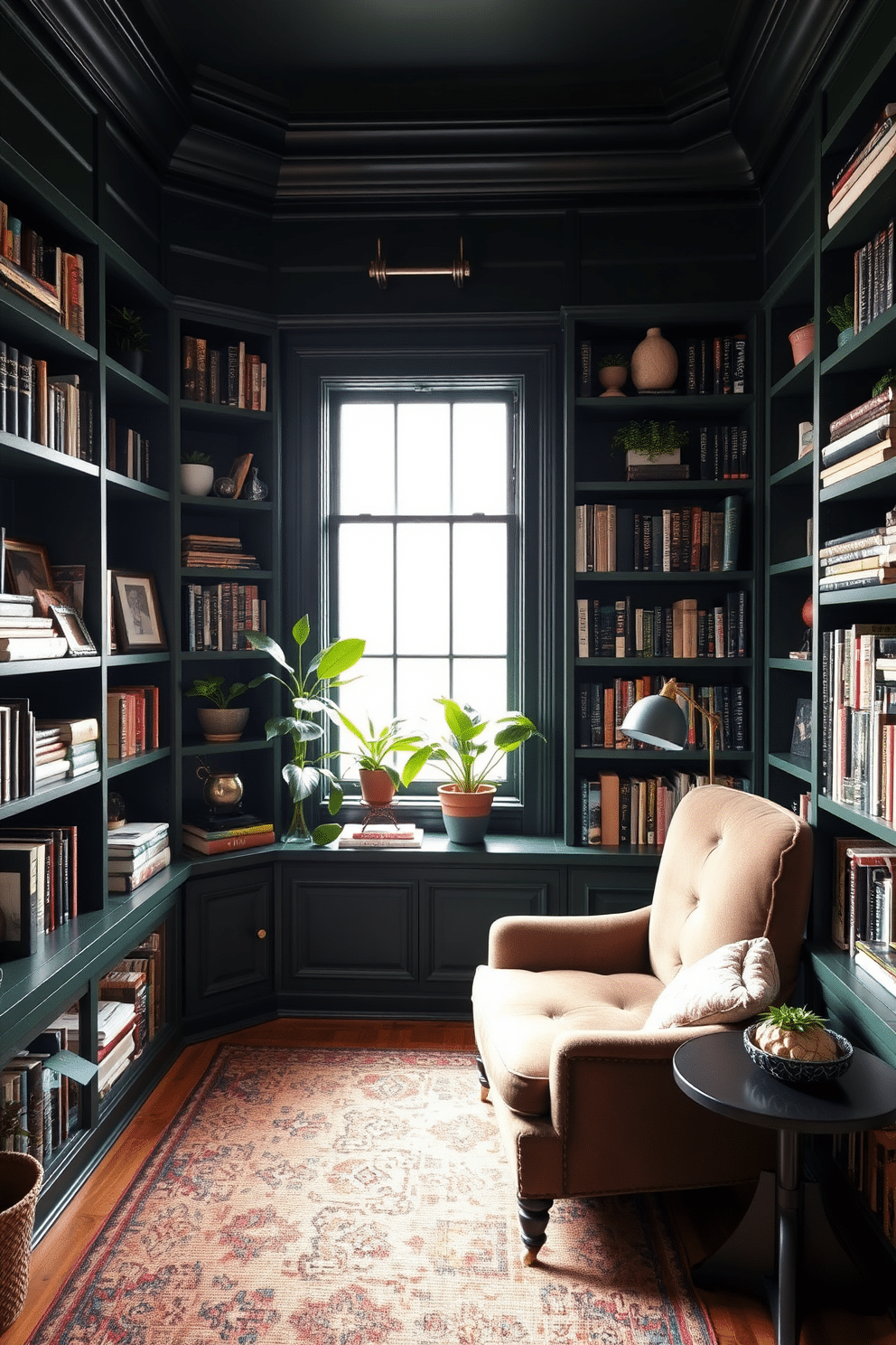 A cozy home library with built-in shelves surrounding a large window that floods the space with natural light. The shelves are filled with an eclectic mix of books, decorative items, and potted plants, creating a warm and inviting atmosphere. The walls are painted in a rich dark green, enhancing the feeling of intimacy and sophistication. A plush reading chair is positioned near the window, accompanied by a small side table and a stylish lamp for comfortable reading.