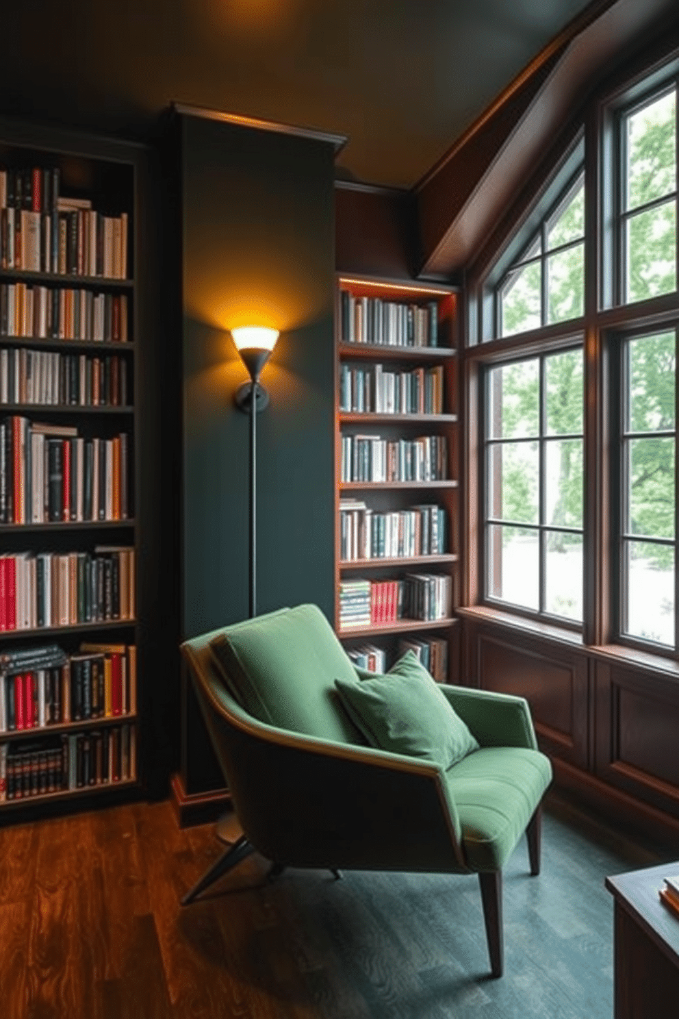 A cozy reading corner features plush green cushions arranged on a sleek, modern armchair. A tall bookshelf filled with an eclectic mix of books lines the wall, complemented by warm ambient lighting from a stylish floor lamp. The dark green home library is designed with rich wooden accents and deep, inviting tones. Large windows allow natural light to filter in, creating a serene atmosphere perfect for curling up with a good book.