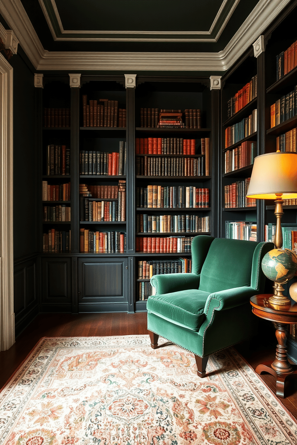 A cozy home library with dark green walls adorned with white moldings that create a striking contrast. The room features dark wood bookshelves filled with an array of books, complemented by a plush, deep green velvet armchair and a small mahogany side table. Soft, warm lighting emanates from a vintage brass floor lamp, casting a welcoming glow across the space. A large area rug with intricate patterns anchors the seating area, while a decorative globe sits atop the side table, adding a touch of sophistication.