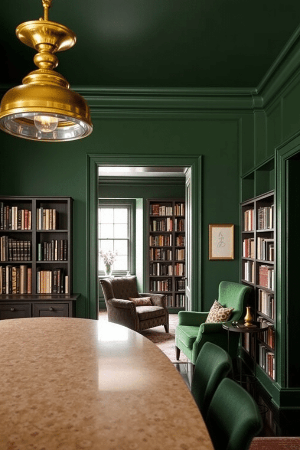 Elegant brass fixtures shine against a rich green backdrop, enhancing the sophisticated ambiance of the space. The warm tones of the brass contrast beautifully with the deep hues of the walls, creating a luxurious and inviting atmosphere. In the heart of the home, a dark green library exudes elegance and comfort. Plush, dark wood bookcases line the walls, filled with an array of books, while a cozy reading nook invites relaxation with a velvet armchair and soft lighting.