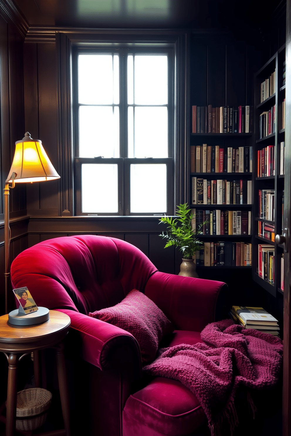 A cozy reading nook with dark walls features a plush, oversized armchair in deep burgundy velvet, positioned next to a small wooden side table. Soft, warm lighting from a vintage floor lamp casts a gentle glow, while a collection of well-loved books fills the shelves that line the dark wood-paneled walls. The nook is accented with a rich, textured throw blanket draped over the armchair, inviting relaxation. A small potted plant adds a touch of greenery, contrasting beautifully against the dark backdrop, creating an intimate and inviting atmosphere.