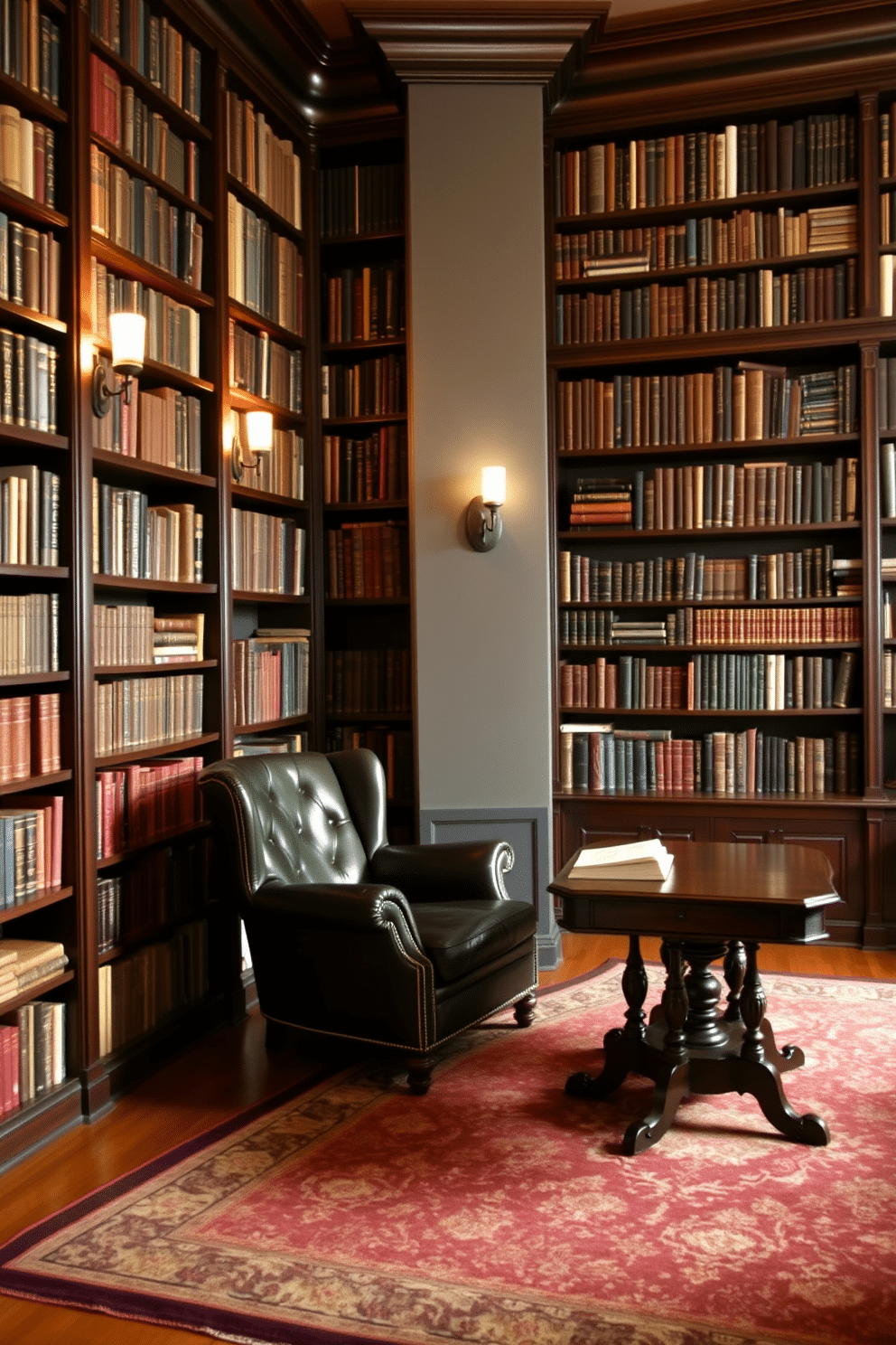 A cozy home library featuring dark wood bookshelves that reach the ceiling, filled with an extensive collection of books. Wall-mounted sconces are strategically placed between the shelves, providing focused lighting that enhances the rich, deep tones of the room. The room is adorned with a plush, dark leather armchair positioned near a vintage wooden reading table. A large, ornate rug in deep hues adds warmth to the hardwood floor, creating an inviting atmosphere for reading and relaxation.