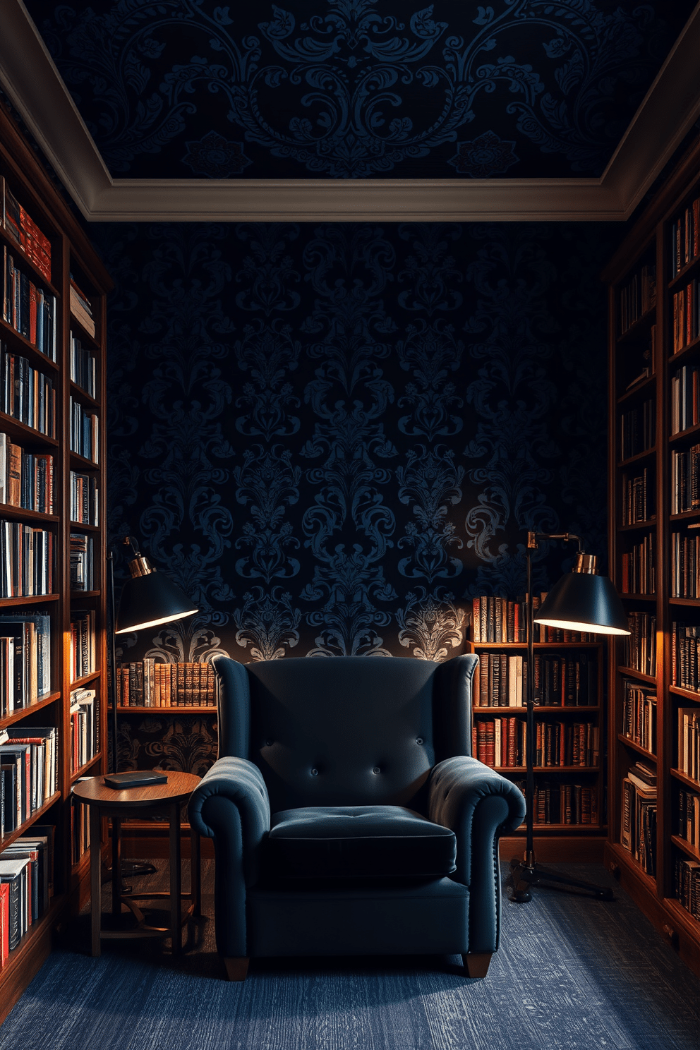 Artistic dark-themed wallpaper featuring intricate patterns in deep blues and blacks creates a striking backdrop for the space. The wallpaper is complemented by rich wooden bookcases filled with an extensive collection of books, adding warmth and character to the room. In the center, a plush, oversized armchair in a dark velvet fabric invites relaxation and reading. Soft, ambient lighting from stylish table lamps casts a warm glow, enhancing the cozy atmosphere of the dark home library.