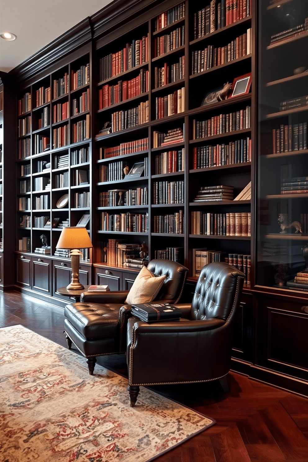 A sleek home library featuring dark wood bookshelves that reach the ceiling, filled with an extensive collection of books and unique collectibles. A plush, deep leather armchair sits in the corner, accompanied by a small side table holding a vintage lamp that casts a warm glow over the space. Elegant glass display cases line the walls, showcasing an array of collectibles from art pieces to rare books. The flooring is a rich mahogany, and a large area rug adds a touch of comfort, creating a cozy yet sophisticated atmosphere perfect for reading and relaxation.