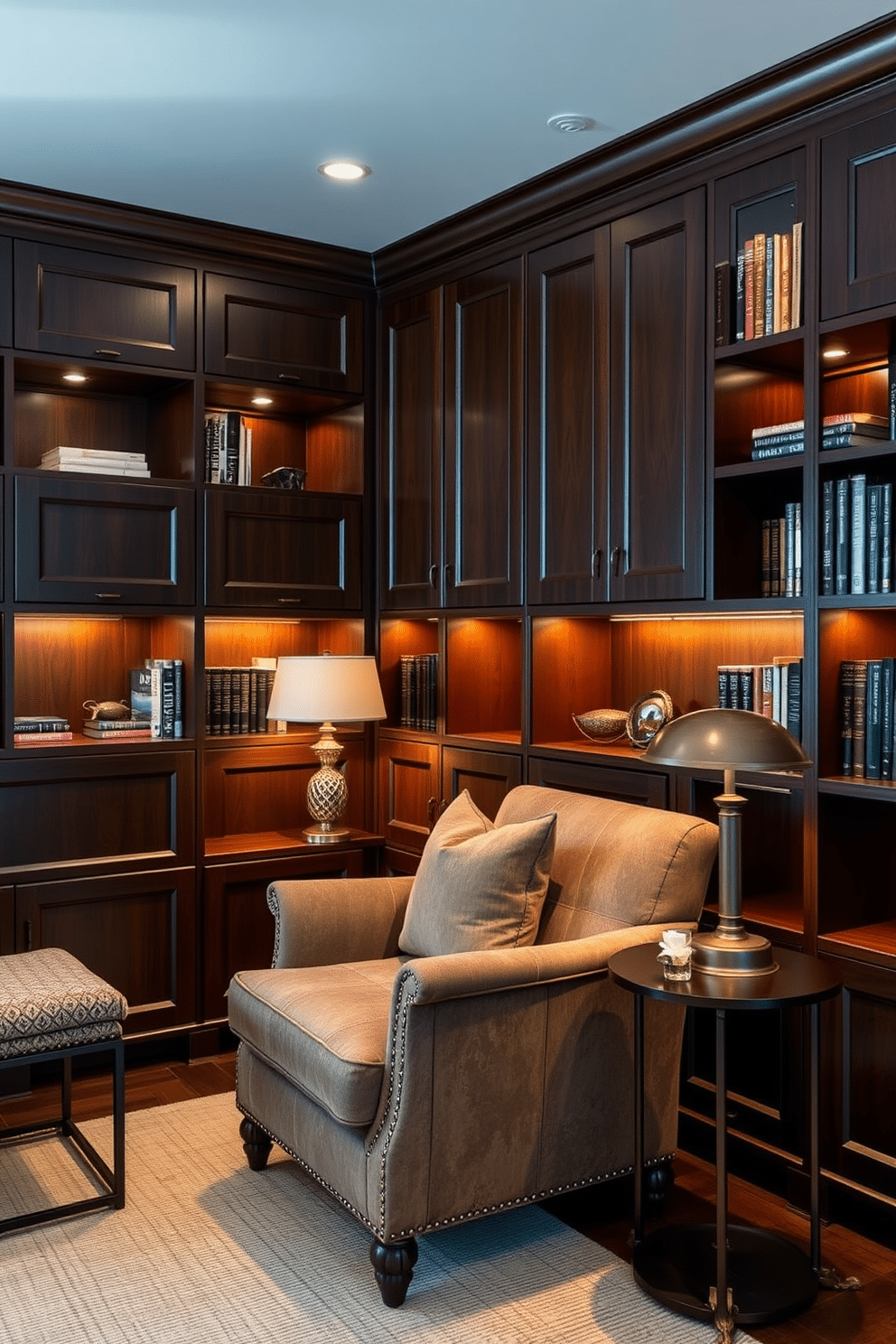 A cozy home library designed with dark cabinetry that features hidden storage solutions for books and personal items. The rich wood tones create an inviting atmosphere, complemented by plush seating and warm lighting fixtures that enhance the space's sophistication. The walls are lined with floor-to-ceiling bookshelves, seamlessly integrated with concealed compartments for a clutter-free look. A large, comfortable armchair sits in the corner, accompanied by a stylish side table and a reading lamp, creating a perfect nook for relaxation.