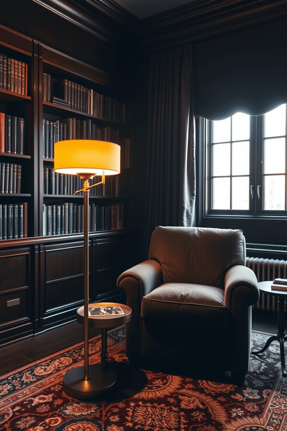 A stylish reading lamp with a warm glow stands elegantly beside a plush, oversized armchair, creating an inviting nook for literary exploration. The lamp features a sleek, modern design with a brass finish, complementing the rich mahogany bookshelves that line the walls of the dark home library. The library is enveloped in deep, moody colors, with walls painted in a charcoal hue that enhances the cozy atmosphere. A vintage area rug adds texture underfoot, while a large window draped in heavy velvet curtains allows for soft, ambient light during the day.