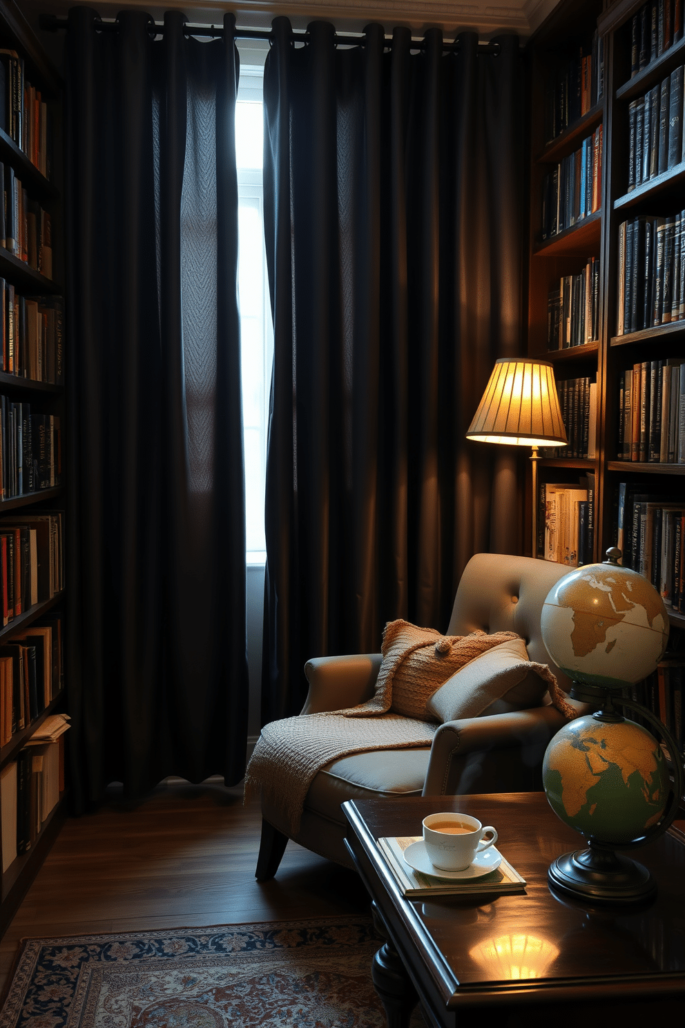 A cozy home library featuring dark curtains that envelop the room, creating an intimate reading nook. Shelves filled with books line the walls, and a plush armchair sits in the corner, inviting relaxation with a warm throw draped over it. The space is illuminated by soft, ambient lighting from a vintage floor lamp, casting a gentle glow over the rich wood furnishings. A dark, polished wooden table holds a steaming cup of tea, while a decorative globe adds a touch of sophistication to the overall design.