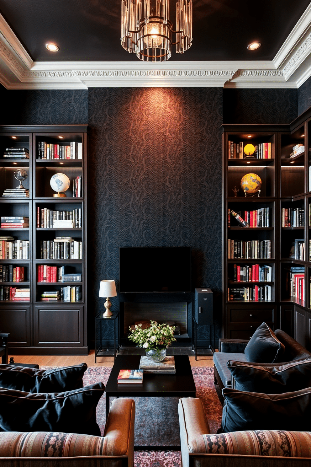 A dramatic accent wall showcases rich, dark paint, creating a striking focal point in the room. Surrounding this feature, elegant bookshelves filled with an array of books and decorative items add both style and function. The home library is designed with plush seating in deep hues, inviting comfort for reading and relaxation. Soft, ambient lighting illuminates the space, enhancing the cozy atmosphere while highlighting the unique textures of the dark wallpaper.