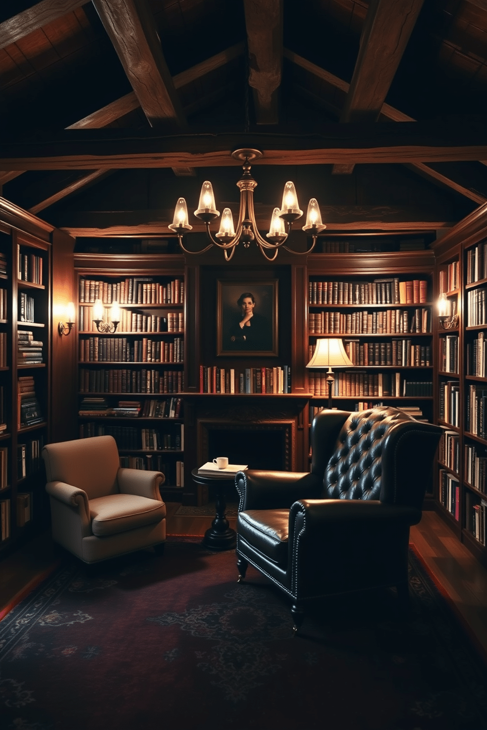 A cozy home library featuring rustic wooden beams that add warmth and character to the space. The walls are lined with dark wood bookshelves filled with an eclectic collection of books, while a plush, deep leather armchair invites you to curl up with a good read. Soft, ambient lighting is provided by vintage-style sconces and a central chandelier, casting a warm glow throughout the room. A rich, dark rug anchors the seating area, complementing the overall moody aesthetic of the library.