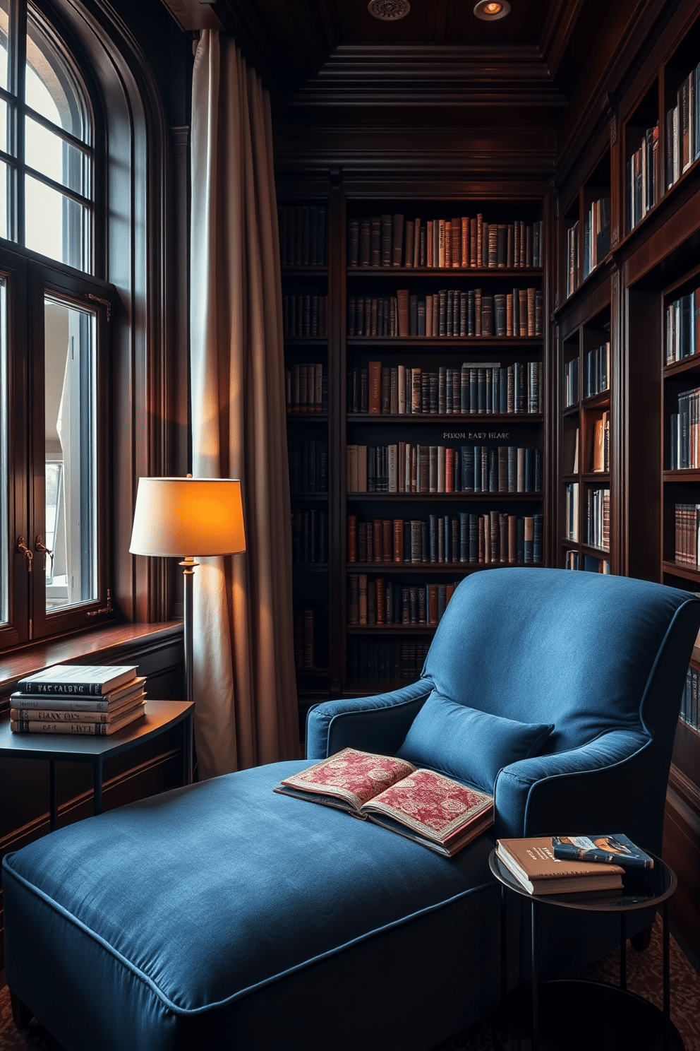 A cozy reading nook features a plush, oversized chaise lounge upholstered in soft, deep blue fabric, inviting relaxation. Next to the chaise, a sleek side table holds a stack of well-loved books and a warm, glowing lamp, perfect for late-night reading. The dark home library is enveloped in rich mahogany wood, with floor-to-ceiling bookshelves filled with an array of books. Soft, ambient lighting highlights the deep, warm tones of the space, creating an intimate atmosphere ideal for quiet contemplation.