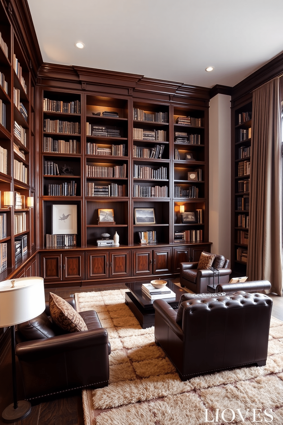 A home library featuring elegant dark wood bookshelves that stretch from floor to ceiling, filled with a curated collection of books and decorative artifacts. The room is accented with rich leather seating and a plush area rug, creating a warm and inviting atmosphere for reading and relaxation. Soft, ambient lighting from stylish sconces illuminates the space, highlighting the intricate wood grain of the shelves. A large window with heavy drapes allows natural light to filter in, enhancing the cozy yet sophisticated ambiance of the library.