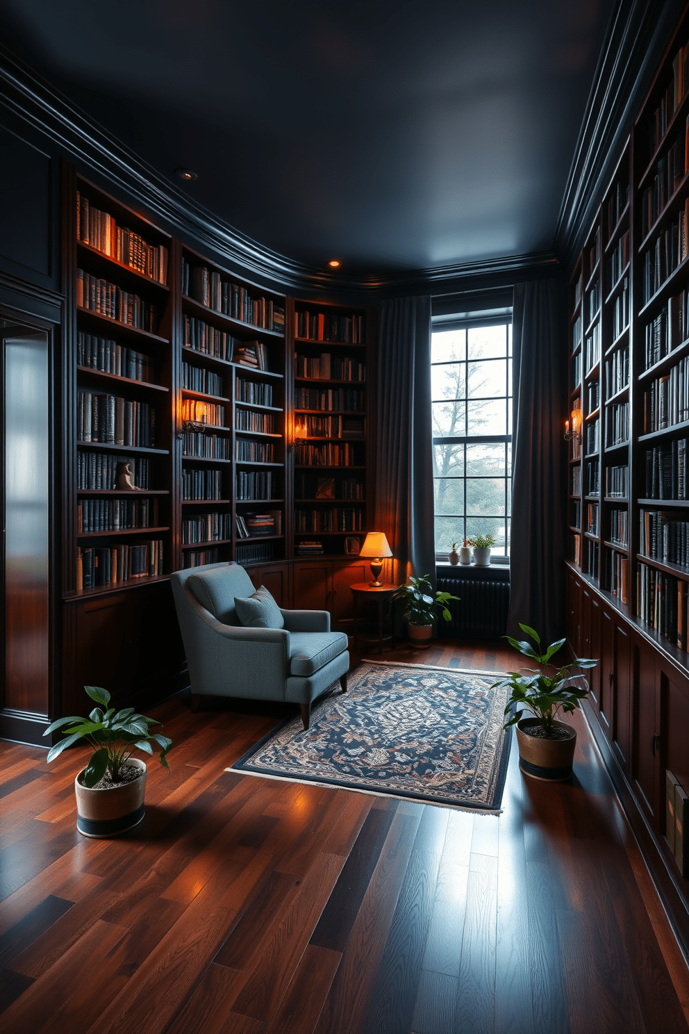 A dark and inviting home library features rich mahogany bookshelves that stretch from floor to ceiling, filled with an array of books in various sizes. Soft, ambient lighting from strategically placed mood-enhancing candles casts a warm glow, creating a cozy reading nook with a plush armchair and a small side table. The walls are painted in a deep navy blue, enhancing the room's intimate atmosphere, while a vintage rug adds texture to the polished hardwood floor. A large window with heavy drapes allows for natural light during the day, and a few potted plants bring a touch of greenery to the sophisticated space.