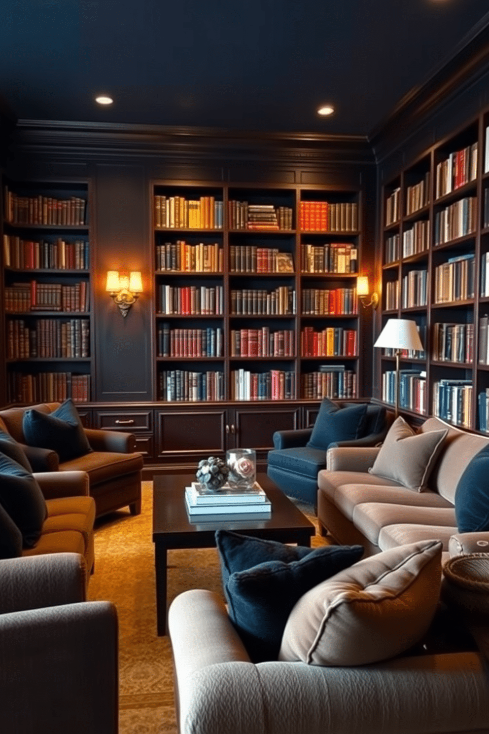 A cozy home library with dark wood shelves filled with books, creating a rich and inviting atmosphere. Plush seating is arranged around a central coffee table, adorned with dark accent pillows that add texture and comfort. The walls are painted in a deep navy blue, enhancing the dramatic effect of the space. Soft, ambient lighting from stylish sconces casts a warm glow, making it the perfect retreat for reading and relaxation.