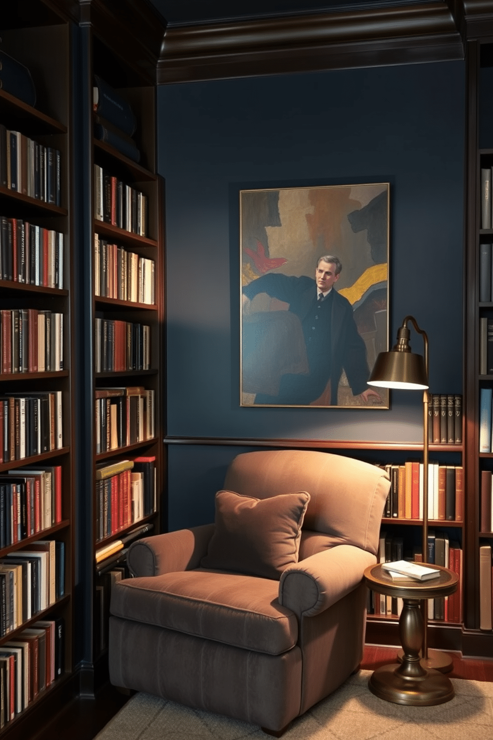 A cozy home library with dark wood bookshelves filled with an array of books. The walls are painted in a deep navy blue, and a plush, oversized armchair sits in the corner, accompanied by a small side table. Soft, ambient lighting emanates from a vintage floor lamp, casting a warm glow over the reading nook. A large, abstract artwork featuring deep, rich colors hangs above the armchair, adding a touch of sophistication to the space.