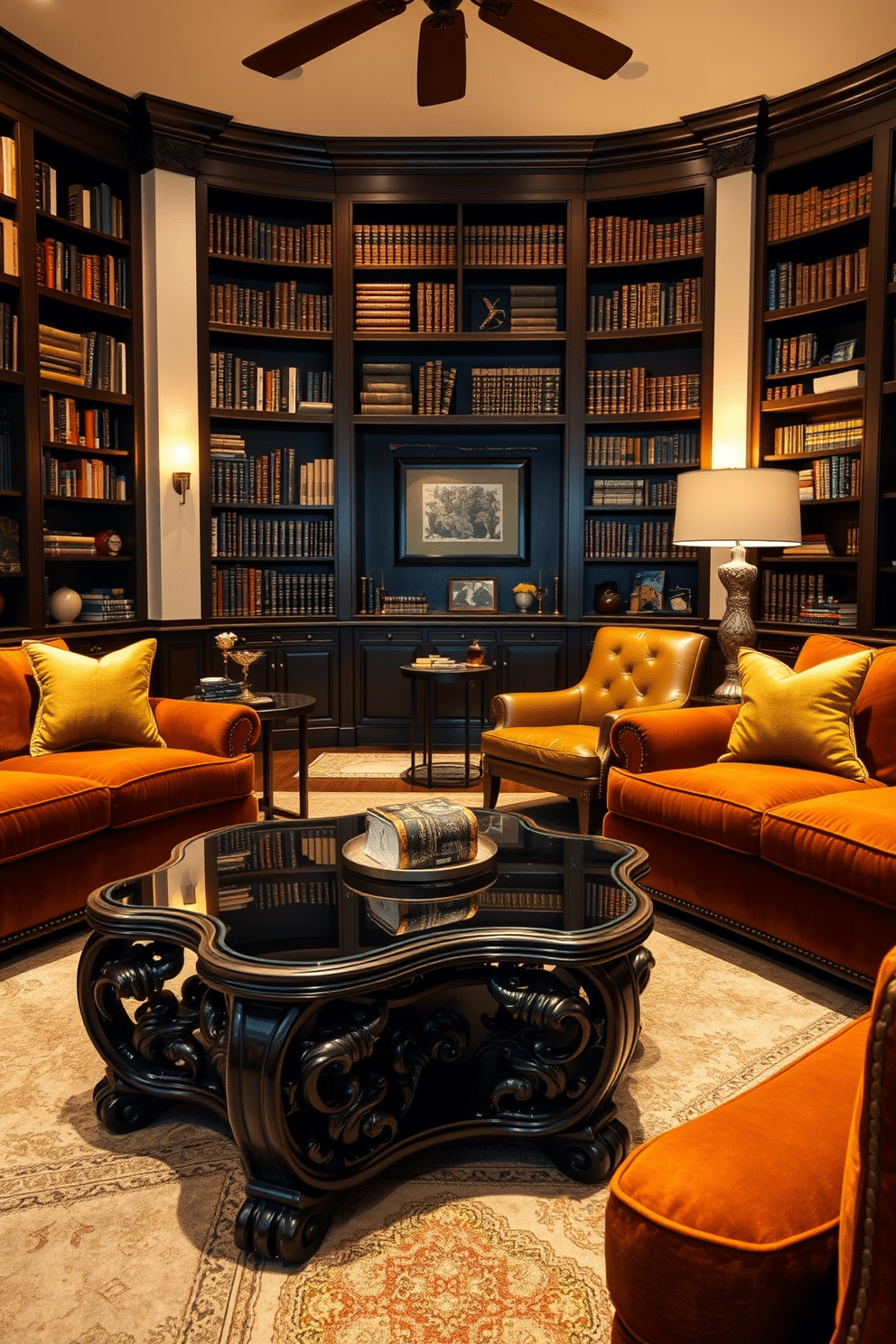 A unique coffee table with a dark finish sits at the center of a cozy living room, surrounded by plush sofas in rich, warm tones. The table features intricate carvings and a glass top, adding an elegant touch to the space while complementing the surrounding decor. The home library is designed with dark wood bookshelves that stretch from floor to ceiling, filled with an array of books and decorative items. Soft, ambient lighting illuminates the room, highlighting a comfortable reading nook with a leather armchair and a small side table, creating an inviting atmosphere for relaxation and study.