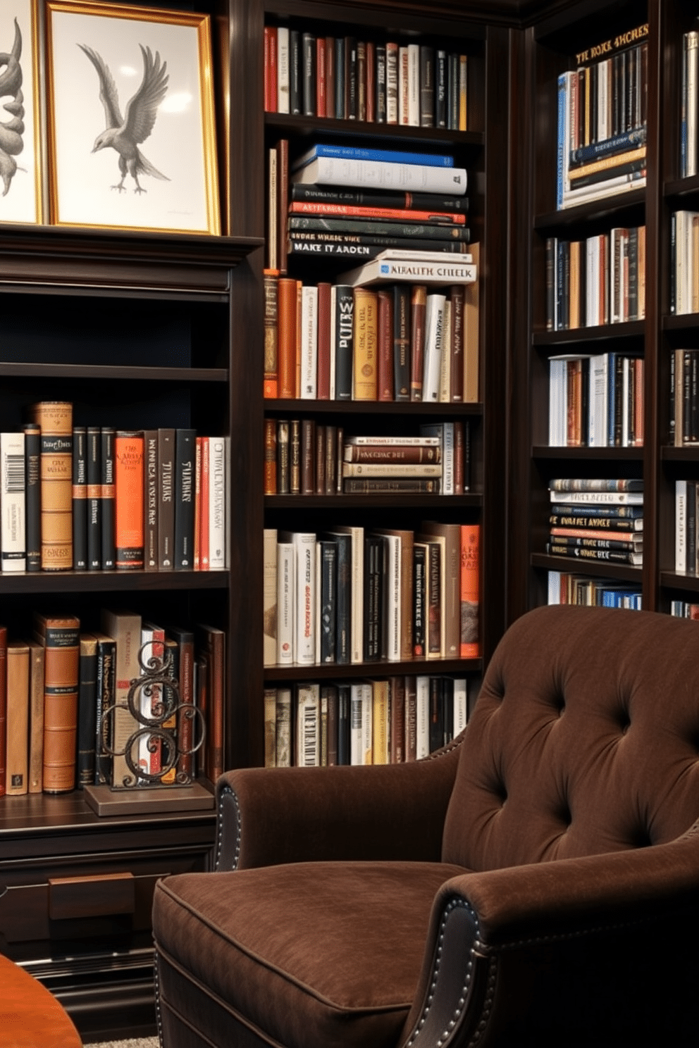 A cozy home library featuring personalized bookends crafted from dark wood and metal, showcasing intricate designs that reflect the owner's personality. The walls are lined with dark-stained wooden shelves filled with an eclectic collection of books, while a plush, deep-colored armchair invites relaxation in a corner reading nook.