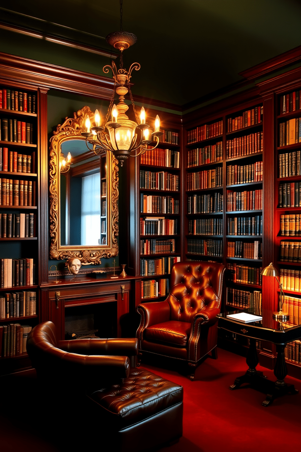 A dark home library featuring rich mahogany bookshelves that reach from floor to ceiling, filled with an extensive collection of books. A large, ornate mirror is mounted on one wall, reflecting the warm light from a vintage chandelier, creating an illusion of a more expansive space. The library is furnished with a plush leather armchair and a matching ottoman, inviting readers to relax with a good book. Dark green walls and a deep burgundy carpet add to the cozy, sophisticated atmosphere, while a sleek writing desk sits in the corner, illuminated by a stylish desk lamp.