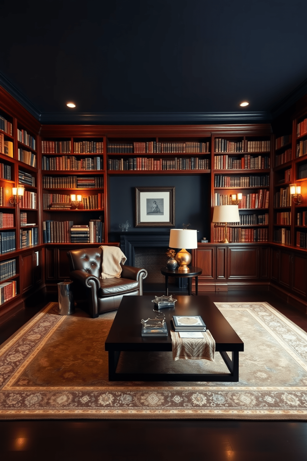 A cozy dark home library with rich mahogany bookshelves that reach the ceiling, filled with an extensive collection of books. Soft, ambient lighting emanates from vintage sconces, illuminating a plush leather armchair and a sleek, dark wood coffee table in the center. The walls are painted a deep navy blue, creating a dramatic backdrop for the room. A large, ornate rug in muted tones adds warmth underfoot, while a few light-colored accessories, such as a cream throw blanket and a pale gold lamp, provide a striking contrast against the dark furnishings.