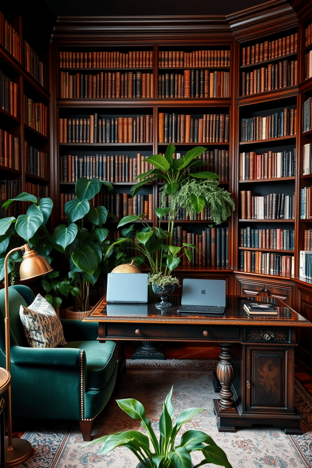 A cozy dark home library with rich mahogany bookshelves lining the walls, filled with an extensive collection of books. A plush, deep green velvet armchair sits in the corner, accompanied by a brass floor lamp that casts a warm glow. Incorporate a variety of indoor plants, such as a tall fiddle leaf fig and cascading pothos, to add vibrant natural contrast against the dark wood. A large, antique wooden desk occupies the center of the room, adorned with a vintage globe and a sleek laptop, inviting creativity and focus.