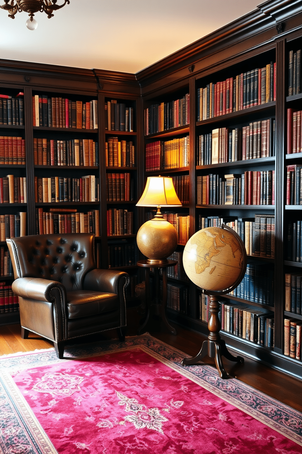 A stylish home library featuring vintage decor accents. The walls are lined with dark wooden bookshelves filled with an array of classic books, while a plush leather armchair sits invitingly in the corner. In the center, a large globe on a wooden stand adds a touch of sophistication. Warm lighting from an antique floor lamp casts a cozy glow, highlighting the rich textures of a deep burgundy rug underfoot.