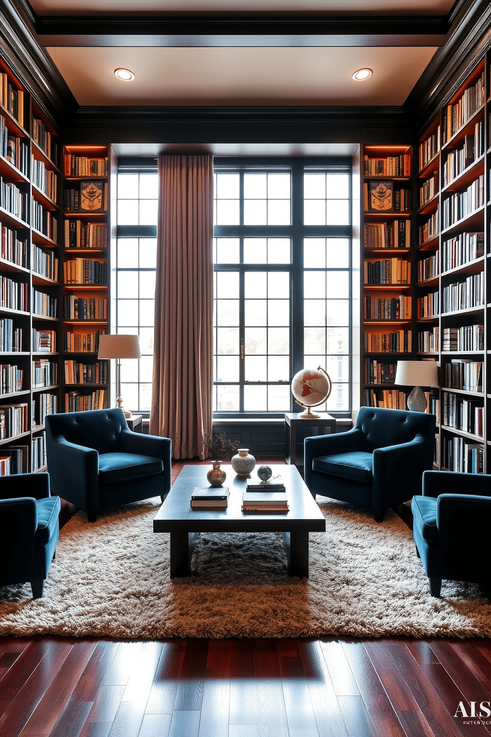 Rich velvet armchairs in deep jewel tones are arranged around a sleek, dark wood coffee table, creating an inviting reading nook. The walls are lined with floor-to-ceiling bookshelves filled with an eclectic mix of classic literature and contemporary works, illuminated by warm, ambient lighting. The library features a plush area rug that adds warmth to the dark hardwood floor, enhancing the cozy atmosphere. A large window with heavy drapes allows natural light to filter in, while a vintage globe and a few carefully curated decorative pieces complete the sophisticated look.