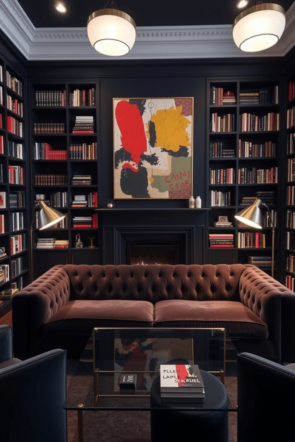 A dark-themed home library that reflects a personal style. The walls are painted in a deep navy blue, adorned with black bookshelves filled with an eclectic collection of books and decorative items. A large, plush velvet sofa in a rich charcoal color sits in the center, complemented by a sleek glass coffee table. Soft, ambient lighting from stylish floor lamps creates a cozy atmosphere, while a bold abstract painting adds a touch of personality to the space.